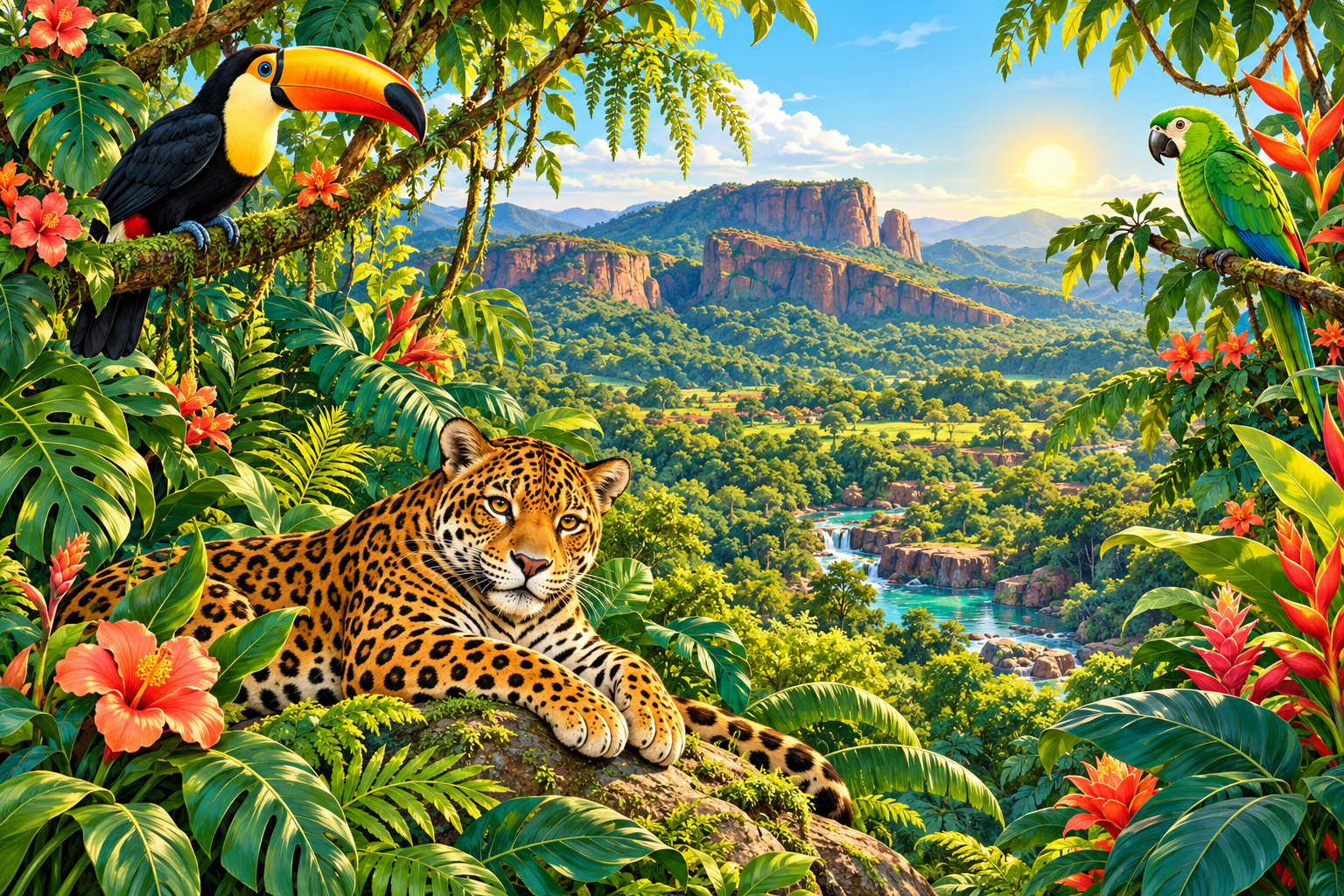 Ilustración de selva con tucán, loro y jaguar